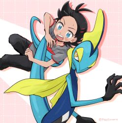 Rule 34 | 1boy, antenna hair, black hair, black pants, blue eyes, blush, bright pupils, carrying, closed mouth, commentary request, creatures (company), game freak, gen 8 pokemon, goh (pokemon), grey shirt, highres, inteleon, male focus, nintendo, open mouth, pants, pokemon, pokemon (anime), pokemon (creature), pokemon journeys, pokesumomo, shirt, short sleeves, sweat, teeth, tongue, twitter username, upper teeth only, watermark, white pupils, yellow eyes
