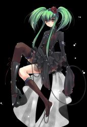 Rule 34 | 00s, 1girl, asymmetrical clothes, bad id, bad pixiv id, black background, brown eyes, c.c., code geass, flower, full body, green hair, hair flower, hair ornament, red flower, red rose, rose, shoes, single shoe, single thighhigh, solo, thighhighs, twintails, yukian