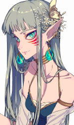 Rule 34 | 1girl, aqua eyes, bad id, bad pixiv id, clothing request, commentary, earrings, elf, flower, gem, gold earrings, gold necklace, hair flower, hair ornament, highres, jewelry, long hair, looking at viewer, necklace, original, pointy ears, simple background, tagme, urkt 10, white background