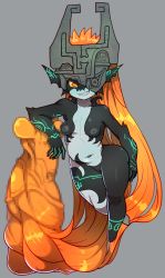 Rule 34 | 1girl, ass, belly, blush, body markings, breasts, censored, colored sclera, completely nude, full body, glowing tattoo, grey background, grin, hair down, hair ornament, hair penis, headdress, helmet, highres, inverted nipples, long hair, long pointy ears, looking at viewer, midna, mosaic censoring, navel, neon trim, nintendo, nipples, nude, one eye covered, orange hair, phallic symbol, pointy ears, pussy, red eyes, shortstack, simple background, small breasts, smile, solo, sweat, tattoo, the legend of zelda, the legend of zelda: twilight princess, thick thighs, thighs, uenoshita sayuu, very long hair, wide hips, yellow sclera