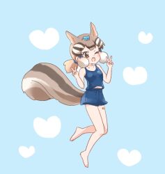 Rule 34 | 1girl, animal ears, blue background, brown eyes, brown hair, chipmunk ears, chipmunk girl, chipmunk tail, extra ears, heart, highres, kemono friends, kemono friends v project, kuromitsu (9633 kmfr), looking at viewer, one eye closed, ribbon, short hair, siberian chipmunk (kemono friends), simple background, smile, solo, swimsuit, tail, v, virtual youtuber
