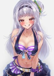 1girl absurdres belt belt_buckle bikini bikini_skirt blush breasts buckle chain chain_headband clenched_teeth grey_hair hair_bun headband highleg highleg_bikini highres hololive leaning_forward long_hair looking_at_viewer medium_breasts murasaki_shion naughty_face navel nyarurato0debu official_alternate_costume orange_eyes purple_bikini purple_skirt ribbon simple_background skirt smile solo swimsuit teeth virtual_youtuber white_background