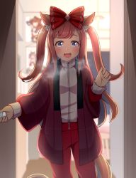 Rule 34 | 1girl, agnes digital (umamusume), alternate costume, blue eyes, blurry, blurry background, blush, bow, coat, commentary request, door, doorway, hair bow, hair ornament, heavy breathing, hoshino ouka, long hair, open mouth, opening door, pink hair, poster (object), pov, pov doorway, solo, umamusume, winter clothes, winter coat