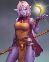 Rule 34 | 1girl, armlet, banana, breasts, brown gloves, colored skin, covered navel, earrings, fingerless gloves, food, fruit, gloves, grey background, highres, holding, holding staff, horns, jewelry, league of legends, long hair, looking at viewer, medium breasts, necklace, nyaamen fork, pointy ears, pouch, purple skin, single horn, solo, soraka (league of legends), staff, standing, tattoo, white hair, yellow eyes, yellow horns