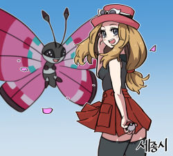 Rule 34 | 1girl, :d, blonde hair, blue background, commentary, creatures (company), eyelashes, eyewear on headwear, game freak, gen 6 pokemon, gigobyte350, gradient background, grey eyes, hand up, happy, hat, holding, holding poke ball, long hair, low-tied long hair, nintendo, open mouth, pink hat, pleated skirt, poke ball, poke ball (basic), pokemon, pokemon (creature), pokemon xy, red skirt, serena (pokemon), shirt, skirt, sleeveless, sleeveless shirt, smile, sunglasses, teeth, thighhighs, upper teeth only, vivillon
