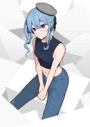 Rule 34 | 1girl, :/, absurdres, asymmetrical hair, bare arms, beret, black shirt, blue eyes, blue hair, blue ribbon, breasts, casual, closed mouth, crop top, cropped legs, denim, dutch angle, grey hat, h62finn, hair ribbon, hat, highres, hololive, hoshimachi suisei, jeans, leaning forward, light blush, long hair, midriff, navel, open fly, own hands together, pants, ribbon, shirt, side ponytail, sidelocks, sleeveless, sleeveless shirt, small breasts, solo, star (symbol), star in eye, stomach, symbol in eye, virtual youtuber