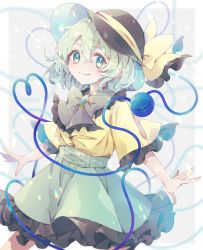 Rule 34 | 1girl, black hat, bow, bowtie, buttons, closed mouth, commentary, cowboy shot, frilled shirt collar, frilled skirt, frilled sleeves, frills, green eyes, green hair, green skirt, grey bow, grey bowtie, hair between eyes, hat, hat bow, heart, heart of string, highres, komeiji koishi, looking at viewer, medium hair, re re merry, shirt, short sleeves, skirt, smile, solo, third eye, touhou, wide sleeves, yellow bow, yellow shirt