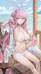 Rule 34 | 1girl, beach, bikini, blue archive, blush, breasts, cleavage, collarbone, cup, feathered wings, feet out of frame, hair bun, halo, highres, holding, holding cup, large breasts, long hair, looking at viewer, mika (blue archive), navel, pink hair, quarter 1404, shirt, sideboob, single side bun, sitting, smile, solo, stomach, string bikini, sweatdrop, swimsuit, underboob, very long hair, white bikini, white shirt, white wings, wings