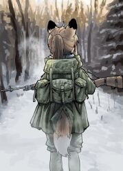 Rule 34 | 1girl, absurdres, ahoge, animal ears, backpack, bag, brown hair, forest, fox ears, fox girl, fox girl (yihan1949), fox tail, from behind, gun, highres, holding, holding weapon, military uniform, nature, original, ponytail, rifle, scope, sniper rifle, snow, solo, steam from mouth, tail, uniform, weapon, winter, winter clothes, yihan1949