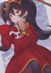 1girl ashley_(warioware) black_hair black_pantyhose closed_mouth commentary_request dress expressionless hair_between_eyes hairband hand_up holding long_hair long_sleeves looking_at_viewer lying neckerchief nintendo on_back orange_hairband orange_neckerchief pantyhose red_dress red_eyes skull skull_brooch smm_kt solo stuffed_animal stuffed_rabbit stuffed_toy twintails warioware