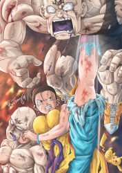 Rule 34 | 1girl, 2boys, angry, bald, bare shoulders, black eyes, black hair, blood, blood on body, blood on face, blood on legs, blood on shoulder, blood on teeth, bracelet, breasts, chi-chi (dragon ball), colored tongue, creatures (company), crossover, dragon ball, dragonball z, dry blood, earrings, fighting, game freak, gen 1 pokemon, highres, jewelry, kicking, large breasts, leg up, martial arts, multiple boys, muscular, muscular arms, muscular legs, muscular male, muscular, neck hold, nintendo, nosebleed, pectorals, pectorals, pikachu, pokemon, purple tongue, spopovich, tagme, tongue, tongue out, torn clothes, veins