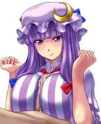 Rule 34 | 1girl, blunt bangs, bow, bowtie, breasts, censored, crescent, cum, cum on body, cum on breasts, cum on upper body, eyes visible through hair, hair bow, hat, highres, kuimono, large breasts, long hair, mikemono yuu, mosaic censoring, paizuri, paizuri over clothes, patchouli knowledge, penis, pov, purple eyes, purple hair, red bow, red bowtie, simple background, smile, solo focus, touhou, white background