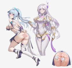 Rule 34 | 1girl, 2girls, absurdres, ahoge, anal fingering, ass, ass focus, attack of the hatogod, blue dress, blue eyes, blue hair, blue nails, bodysuit, breasts, censored, cleft of venus, closed mouth, dress, fingering, full body, grey background, hare (honkai impact), high heels, highres, holding, holding whip, honkai (series), honkai impact 3rd, horns, juliet sleeves, large breasts, long hair, long sleeves, looking at viewer, looking back, mosaic censoring, multiple girls, multiple views, nail polish, nipples, puffy sleeves, purple eyes, purple sleeves, pussy, shigure kira, simple background, single horn, single thighhigh, spanking, thighhighs, torn clothes, torn dress, very long hair, white bodysuit, white footwear, white hair, white thighhighs