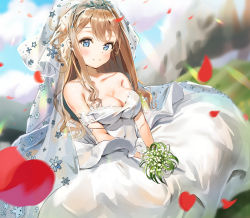 Rule 34 | 1girl, absurdres, bad id, bad pixiv id, bare arms, bare shoulders, blue eyes, blurry, blurry background, blush, breasts, bridal veil, bride, cleavage, commentary request, dress, flower, girls&#039; frontline, hair between eyes, hair ornament, hairband, highres, holding, holding flower, kian, large breasts, leaf, long hair, looking at viewer, navel, official alternate costume, smile, snowflakes, solo, suomi (blissful mission) (girls&#039; frontline), suomi (girls&#039; frontline), torn clothes, veil, wedding dress