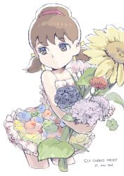 Rule 34 | 10s, 1girl, brown eyes, brown hair, carnation, clover, cowboy shot, cropped legs, dated, dress, flower, four-leaf clover, hair ribbon, hairband, hydrangea, lavender, looking to the side, o-yuki, osomatsu-kun, osomatsu-san, osomatsu (series), ribbon, rose, short twintails, six shame faces, sleeveless, sleeveless dress, solo, sunflower, tulip, twintails, yowai totoko