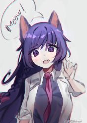 Rule 34 | 1girl, :d, absurdres, animal ears, blurry, blush, bow, braid, cat ears, cat girl, chromatic aberration, claw pose, commentary, dark skin, embarrassed, eyes visible through hair, frown, grey background, hand up, highres, indie virtual youtuber, jacket, long hair, mai noboshi, mel mei, necktie, open mouth, pink bow, pink necktie, purple eyes, purple hair, purple shirt, shirt, sidelocks, single braid, smile, solo, spanish commentary, speech bubble, twitter username, virtual youtuber, white background, white jacket, wing collar, witch