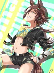 Rule 34 | 1girl, absurdres, animal ears, belt, black belt, black jacket, black shorts, breasts, brown hair, cleavage, commentary request, cowboy shot, crop top, cropped jacket, grin, hands on hips, highres, horse ears, jacket, long sleeves, looking at viewer, midriff, navel, open clothes, open jacket, rikura (likulalikula), shirt, short hair, short shorts, shorts, smile, solo, standing, stomach, thighs, umamusume, vodka (umamusume), yellow eyes, yellow shirt