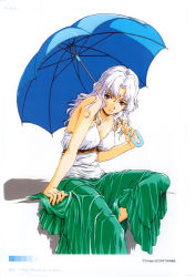 Rule 34 | 1girl, absurdres, highres, horibe hiderou, purple eyes, simple background, sitting, solo, umbrella, white hair, yours (art book)