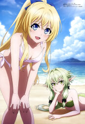Rule 34 | 2girls, absurdres, ass, beach, bent over, bikini, blonde hair, blue bow, blue eyes, blush, bow, breasts, cleavage, elf, goblin slayer!, green eyes, green hair, hair bow, hands on own knees, high elf archer (goblin slayer!), highres, leaning forward, long hair, looking at viewer, lying, magazine scan, medium breasts, megami magazine, multiple girls, ocean, official art, on stomach, outdoors, pointy ears, ponytail, priestess (goblin slayer!), sand, scan, sky, small breasts, smile, swimsuit, thighs, water