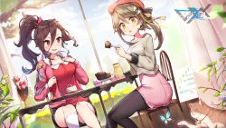 Rule 34 | 2girls, :o, animal, bad id, bad pixiv id, beret, black legwear, black shorts, blurry, blurry background, blush, bow, breasts, brown eyes, brown hair, bug, butterfly, cake, cake slice, cat, chair, cleavage, commentary request, copyright request, cup, day, depth of field, earpiece, flower, food, fork, fruit, fur-trimmed jacket, fur trim, grey shirt, hair between eyes, hair bow, hair ornament, hairclip, hat, high ponytail, highres, holding, holding fork, holding saucer, indoors, insect, jacket, jehyun, korean commentary, long hair, looking at viewer, medium breasts, multiple girls, on chair, open clothes, open jacket, pantyhose, parfait, parted lips, pink jacket, pink skirt, ponytail, red bow, red eyes, red headwear, red shirt, saucer, shirt, short shorts, shorts, sitting, skirt, smile, strawberry, table, teeth, upper teeth only, watermark, white flower, window