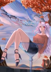 Rule 34 | 1girl, absurdres, autumn leaves, azur lane, bare legs, belt, black footwear, black skirt, breasts, brown sweater, champagne flute, cloud, cloudy sky, collarbone, cup, drinking glass, fish, flying whale, glass, hair ornament, hair ribbon, high heels, highres, hsubo, huge filesize, leaf hair ornament, legs, light purple hair, long hair, looking at viewer, manly, medium breasts, orange eyes, oversized object, petals, prinz eugen (azur lane), ribbon, shoes, sitting, sitting on object, skirt, sky, smile, solo, squirrel, sweater, thighs, tuna, two side up, whale, wine glass, wood