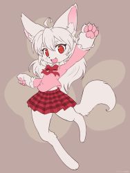 Rule 34 | 1girl, :3, ahoge, ancesra, animal ear fluff, animal ears, animal feet, animal hands, animal nose, arm up, artist name, barefoot, blush, body fur, bow, bowtie, brown background, child, claws, commission, fang, female focus, flat chest, flat color, fox ears, fox girl, fox tail, frilled shirt, frilled sleeves, frills, full body, furry, furry female, hand up, happy, highres, leg up, light blush, long hair, long sleeves, looking at viewer, miniskirt, open mouth, original, outstretched arm, patreon username, paw print, pawpads, pink shirt, plaid, plaid skirt, pleated skirt, red bow, red bowtie, red eyes, red skirt, shirt, sidelocks, simple background, sketch, skirt, smile, snout, solo, standing, standing on one leg, tail, watermark, web address, white fur, white hair