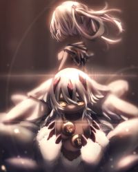 Rule 34 | animal ears, blonde hair, breasts, brown background, closed eyes, dark-skinned female, dark skin, extra arms, eyelashes, faputa, fewer digits, floating hair, goggles, goggles around neck, hair between eyes, hair rings, hand up, hands up, highres, irumyuui, light particles, long hair, looking at hand, looking away, looking down, made in abyss, marudoll, monster girl, mother and daughter, nude, profile, white hair, wind, yellow eyes