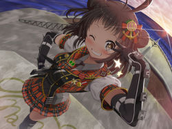 Rule 34 | 10s, 1girl, 2 fuel 4 ammo 11 steel, antenna hair, brown eyes, brown hair, double bun, elbow gloves, gloves, hair ornament, idol, kantai collection, looking at viewer, matanonki, naka (kancolle), one eye closed, open mouth, personification, plaid, school uniform, serafuku, short hair, skirt, smile, solo, sunset, water, wink