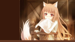 Rule 34 | 1girl, animal ears, artist name, bread, brown hair, chair, food, highres, holo, indoors, jar, jewelry, long hair, looking at viewer, necklace, nncat, paper, plate, pouch, red eyes, sack, sitting, solo, spice and wolf, table, tail, wallpaper, wolf ears, wolf tail