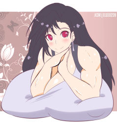 Rule 34 | 1990s (style), 1girl, bare shoulders, biceps, black hair, blush, breasts squeezed together, breasts, earrings, elee0228, final fantasy, final fantasy vii, gigantic breasts, jcdr, jewelry, own hands together, red eyes, retro artstyle, solo, suspenders, tank top, tifa lockhart