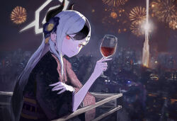 Rule 34 | 1girl, absurdres, aerial fireworks, black flower, black hair, black horns, black kimono, blue archive, cho gum, closed mouth, cup, demon horns, drinking glass, fireworks, flower, hair flower, hair ornament, highres, holding, holding cup, horns, japanese clothes, kayoko (blue archive), kayoko (new year) (blue archive), kimono, long hair, long sleeves, looking at viewer, obi, red eyes, sash, solo, white hair, wide sleeves, wine glass