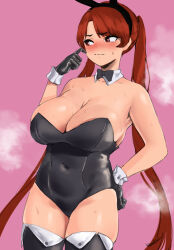 Rule 34 | 1girl, absurdres, bare shoulders, black gloves, bow, bowtie, breasts, bunny day, cleavage, commentary request, covered navel, cowboy shot, detached collar, embarrassed, finger to cheek, gloves, hand on own hip, highres, large breasts, leotard, long hair, looking to the side, original, parted bangs, pink background, playboy bunny, red eyes, red hair, simple background, solo, steam, sweat, sweatdrop, thighhighs, thighs, twintails, very long hair, wavy mouth, wrist cuffs, yotamono