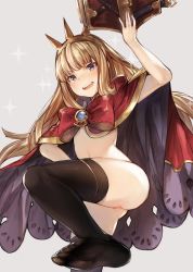 Rule 34 | 1girl, :d, arm up, ass, black thighhighs, blonde hair, blunt bangs, blush, book, bow, brooch, cagliostro (granblue fantasy), cape, crown, fang, feet, female focus, granblue fantasy, grey background, hairband, highres, jewelry, long hair, looking at viewer, naked cape, no shoes, open mouth, purple eyes, ryuuji teitoku, simple background, smile, solo, thighhighs, toes