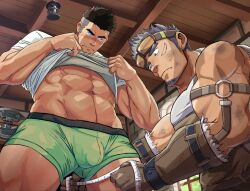Rule 34 | 2boys, artist request, bara, blush, cowboy shot, dirty, dirty face, facial hair, from below, goatee, goggles, goggles on head, green male underwear, grey hair, highres, large pectorals, lifted by self, male focus, male underwear, mature male, measuring, medium sideburns, multiple boys, muscular, muscular male, no pants, original, pectorals, sideburns stubble, strongman waist, stubble, tailor, tape measure, thick eyebrows, thick thighs, thigh measuring, thighs, undercut, underwear, yaoi