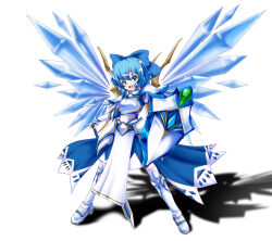 Rule 34 | 1girl, :d, alternate costume, armor, blue bow, blue eyes, blue hair, boots, bow, cirno, commentary request, detached wings, fantasy, full body, hair bow, highres, holding, holding shield, holding sword, holding weapon, ice, ice wings, looking at viewer, matelia, open mouth, shield, short hair, simple background, smile, solo, sword, touhou, weapon, white background, white footwear, wings