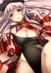 Rule 34 | 1girl, bare shoulders, blush, bracelet, breasts, cleavage, covered navel, female focus, hat, jewelry, kaede (sayappa), large breasts, leg up, long hair, looking at viewer, lying, on back, open mouth, pointy ears, professor (ragnarok online), ragnarok online, ribbon, silver hair, solo, sweatdrop, yellow eyes
