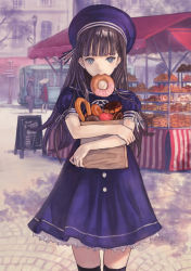 Rule 34 | 1girl, bag, black thighhighs, blue dress, blue eyes, blurry, city, cowboy shot, depth of field, doughnut, dress, english text, food, groceries, hat, highres, holding, kaoming, long hair, looking at viewer, mouth hold, original, paper bag, pavement, purple hair, road, sailor hat, shopping bag, sign, sprinkles, street, thighhighs, trolley