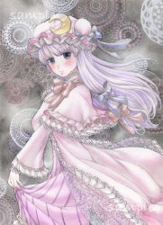 Rule 34 | 1girl, blush, bow, bowtie, capelet, circle, cloak, clothes grab, crescent moon, dress, embellished costume, floating hair, frills, grey background, hat, light smile, long hair, moon, nail polish, patchouli knowledge, purple eyes, purple hair, sample watermark, solo, striped clothes, striped dress, touhou, vertical stripes, wacolor, watermark, wide sleeves