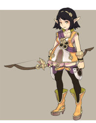 Rule 34 | black hair, boots, bow, natsuhara, original, pointy ears, simple background, solo, thighhighs, yellow eyes
