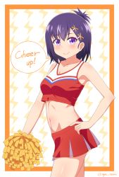 Rule 34 | 1girl, bad id, bad pixiv id, bare shoulders, cheerleader, collarbone, crop top, english text, gabriel dropout, hair ornament, hairclip, hand on own hip, highres, midriff, miniskirt, navel, nyaroon, pleated skirt, pom pom (cheerleading), purple eyes, purple hair, short hair, skirt, smile, solo, speech bubble, stomach, tank top, topknot, vignette tsukinose april, x hair ornament