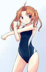 Rule 34 | 1girl, ahoge, blue one-piece swimsuit, brown hair, closed mouth, competition swimsuit, covered navel, cowboy shot, frown, grey background, hair tie, kagerou (kancolle), kakizaki (chou neji), kantai collection, looking at viewer, medium hair, one-piece swimsuit, parted bangs, purple eyes, solo, standing, stretching, swimsuit, twintails