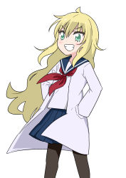 Rule 34 | 1girl, absurdres, black pantyhose, black sailor collar, blonde hair, blue skirt, blush, commentary request, green eyes, grin, hair between eyes, hands in pockets, harunatsu akito, highres, lab coat, long hair, long sleeves, neckerchief, open clothes, original, pantyhose, pleated skirt, red neckerchief, sailor collar, school uniform, serafuku, shirt, simple background, skirt, smile, solo, very long hair, white background, white shirt