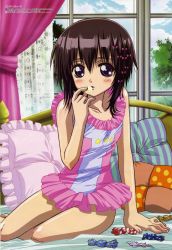 Rule 34 | 00s, 1girl, absurdres, alternate hair color, bamboo blade, bed, blush, brown hair, candy, food, highres, indoors, kawazoe tamaki, looking at viewer, pillow, purple eyes, shiny skin, short hair, solo