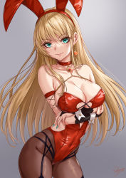 Rule 34 | 1girl, animal ears, aqua nails, bare shoulders, blonde hair, breasts, bridal gauntlets, brown pantyhose, cleavage, closed mouth, collarbone, contrapposto, covered navel, earrings, fake animal ears, fingernails, gradient background, green eyes, grey background, hairband, highres, jewelry, large breasts, leotard, long fingernails, long hair, looking at viewer, nail polish, original, pantyhose, playboy bunny, rabbit ears, red hairband, red leotard, sakiyamama, signature, smile, solo, straight hair, strapless, strapless leotard, very long fingernails, very long hair, wrist cuffs