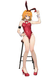 Rule 34 | 1girl, absurdres, animal ears, armband, bare legs, blue eyes, bow, bowtie, chinese commentary, commentary request, detached collar, fake animal ears, full body, hand on own hip, high heels, highres, jintianhuahualema, leotard, orange hair, original, panties under leotard, playboy bunny, rabbit ears, red bow, red bowtie, red footwear, red leotard, short hair, simple background, solo, stool, strapless, strapless leotard, white background, wrist cuffs