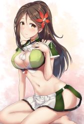 Rule 34 | 1girl, amagi (kancolle), barefoot, blush, breasts, brown eyes, brown hair, cleavage, closed mouth, hair ornament, highres, kantai collection, large breasts, leaf, leaf hair ornament, long hair, maple leaf, mole, mole under eye, monoku, navel, pleated skirt, skirt, solo, white skirt