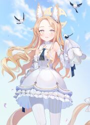 Rule 34 | 1girl, absurdly long hair, absurdres, animal ear fluff, animal ears, bird, bird on hand, blonde hair, blue archive, blue necktie, blush, bow, bright pupils, cloud, cloudy sky, dress, flower, flying, forehead, fox ears, frilled dress, frills, gradient eyes, hair bow, hair flower, hair ornament, halo, highres, leggings, long-tailed tit, long hair, multicolored eyes, necktie, parted bangs, parted lips, petals, pink eyes, posom, seia (blue archive), short necktie, sky, sleeve bow, sleeveless, sleeveless dress, sleeves past fingers, sleeves past wrists, solo, tit (bird), vertical-striped leggings, very long hair, white bird, white bow, white dress, white flower, white leggings, white pupils, yellow bow, yellow eyes