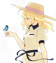 Rule 34 | 1girl, 87banana, ahoge, alternate hairstyle, artoria pendragon (all), artoria pendragon (fate), black bow, blonde hair, blue butterfly, bow, bug, butterfly, butterfly on hand, fate/stay night, fate (series), green eyes, hat, insect, official alternate costume, saber (fate), solo, sun hat, white background