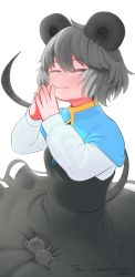 Rule 34 | 1girl, absurdres, animal ears, blue capelet, blush, breasts, capelet, closed eyes, commentary, commission, cowboy shot, english commentary, grey hair, grey skirt, grey vest, grin, highres, layered clothes, long sleeves, mouse (animal), mouse ears, mouse girl, mouse tail, nazrin, own hands together, serakawa, shirt, short hair, simple background, skirt, skirt set, small breasts, smile, solo, tail, touhou, vest, white background, white shirt