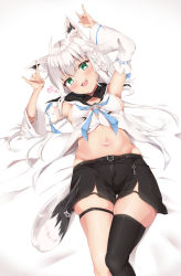 Rule 34 | 1girl, :d, ahoge, animal ear fluff, animal ears, armpits, bare shoulders, bed sheet, belt, black belt, black sailor collar, black shorts, black thighhighs, blue neckerchief, blush, braid, breasts, chigusa (soprano1995), collarbone, commentary, cowboy shot, detached sleeves, double fox shadow puppet, fang, fox ears, fox girl, fox shadow puppet, fox tail, green eyes, groin, hair between eyes, hands up, head tilt, heart, highres, hololive, key, long hair, looking at viewer, lying, medium breasts, midriff, navel, neckerchief, on back, open mouth, partially colored, pentagram, ponytail, sailor collar, shirakami fubuki, shirakami fubuki (1st costume), shorts, side braid, side slit, sideboob, sidelocks, simple background, single thighhigh, skin fang, skindentation, smile, solo, tail, thigh strap, thighhighs, virtual youtuber, white background, white hair, white sleeves